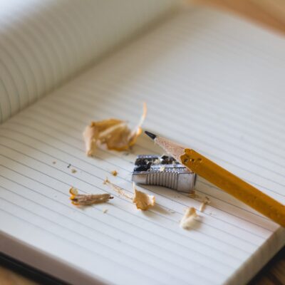 pencil sharpener and notebook